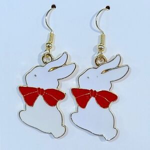 New Hand Crafted Cute White Rabbit with Bow Hook Earrings 14K Gold Plated